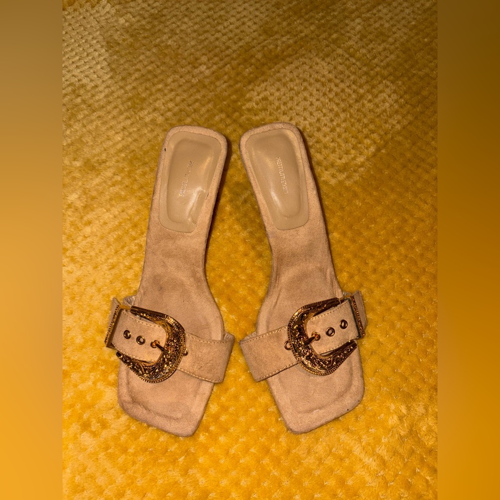 PrettyLittleThing Beige Suede Mules with Gold Buckle